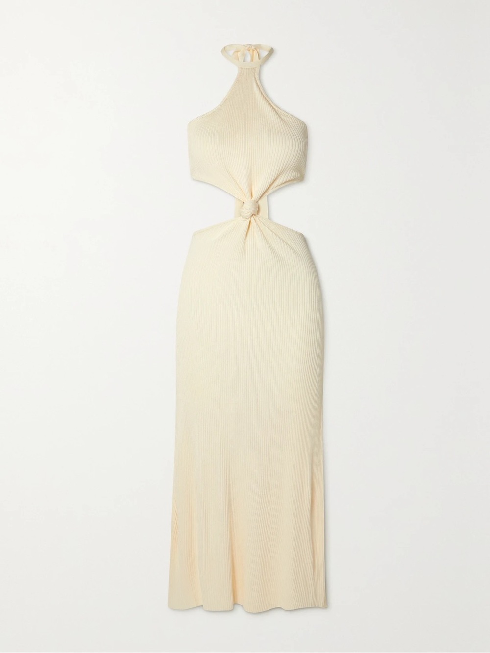 cult gaia Cream Ribbed Halter Maxi Dress with Front Knot Cutout